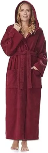 Women's bathrobe, calf-length or extra long, 100% cotton, terry cloth (380 g/m²), Oeko-Tex® certified, with hood