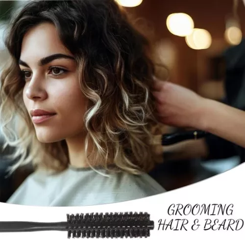 merkloos Small round hair dryer brush - curling brush for hair - 1 piece - black - wild boar bristles (9509358936470)