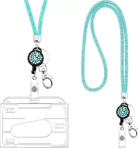 Crystal Lanyard Necklace - ID Card Holder and Keyring - 1 Piece - Blue - with Rhinestones