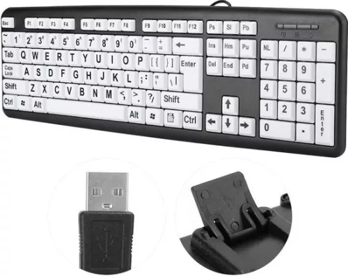 merkloos Keyboard Large Print Black 104 Keys Wired USB Low Vision Keyboard Elderly - White Letter Keys . (8785309438908)