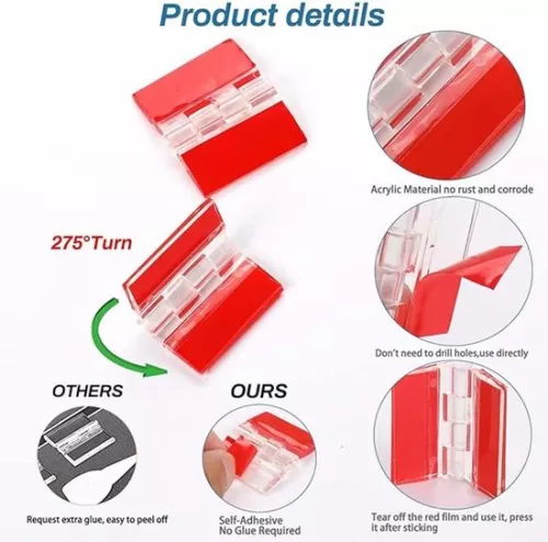 merkloos Self-adhesive transparent acrylic hinges - 12 pieces - small - foldable - for cabinets drawers furniture - DIY - 35 x 30 . (8785310166432)