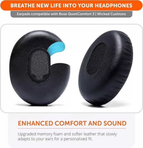 merkloos Replacement Ear Cushions for Bose QuietComfort 3 - Durable Leather - Softer Memory Foam - Extra Thick - Compatible with Bose QC3 On-Ear Headphones - Black (8785304875401)