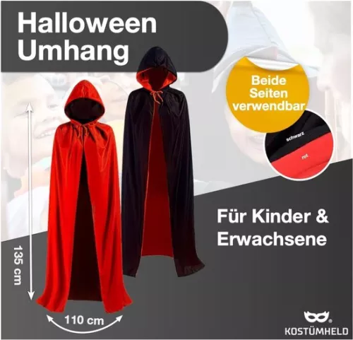 unbranded Halloween vampire costume cape - red & black - hooded cape for children & adults - women & men (8785300201815)