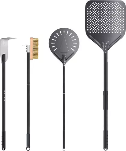 Set of 4 Pizza Accessories for Home and Restaurant - Perforated Pizza Peel, Pizza Spatula, and Cleaning Brush