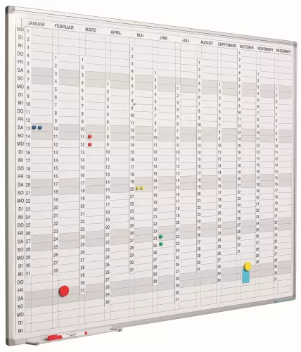 Whiteboard PRO Fermin - Enamel steel - Weekly planner - Monthly planner - Yearly planner - Magnetic - White - incl. month/day/number strips - German - 90x120cm